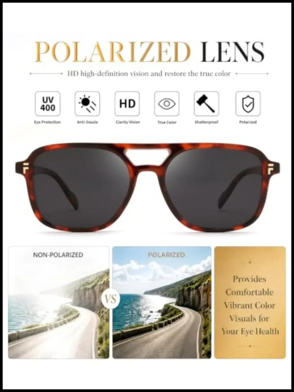 Retro Square Aviator Sunglasses UV400 Polarized TAC Lenses